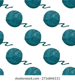 Nahtloses Vintage-Muster aus türkisfarbenen Garnkugeln mit losen Fäden. Perfekt für Stoffe, Stoffdrucke, Verpackungen, gemütliche Designs und handgemachte Projekte rund um Stricken oder Häkeln.