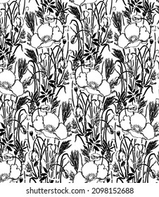 Seamless vintage pattern with Victorian bouquet of black flowers on a white background. Garden roses, tulips, delphinium, petunia. Monochrome. for brand style textiles ,decoration ,book cover .