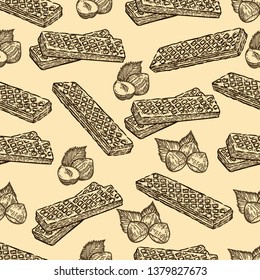 Seamless vintage pattern of waffles and nuts.