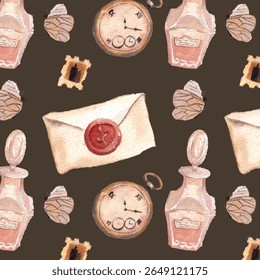 Seamless vintage pattern with wax-sealed letters, perfume bottles, pocket watches, and butterflies. Watercolor illustration in warm romantic tones. Ideal for wrapping, fabric, and paper design.