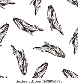 Seamless vintage pattern of whale in brown ink engraving style. Classic marine life sketch, ideal for ocean-themed packaging, fabric and design projects.