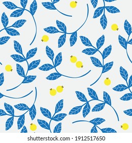 seamless vintage pattern . white background. blue plants leaves. yellow berries. vector texture. print for textiles.