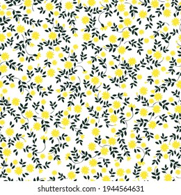 seamless vintage pattern . white background. small yellow flowers , black leaves. vector texture. elegant trend print for textiles and wallpaper.