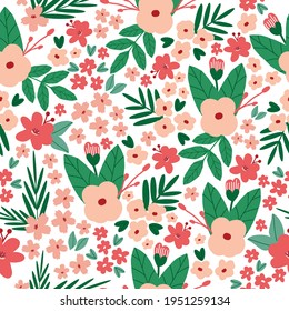 seamless vintage pattern. white background. red and pink flowers. vector texture. spring print for textiles and wallpaper.