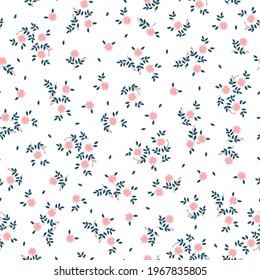 Patrón vintage sin foco. fondo blanco. flores rosas pequeñas. hojas azules. textura vectorial. impresión de moda para textiles y papel pintado.
