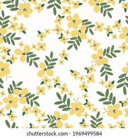 Seamless vintage pattern. White background. Yellow flowers. light green leaves. vector texture. Trend print for textiles and wallpaper.
