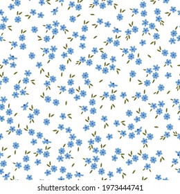 seamless vintage pattern. white background. small blue flowers. green leaves. vector texture. fashionable print for textiles and wallpaper.