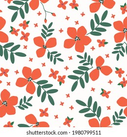 seamless vintage pattern . white background. large and small red flowers . green leaves. vector texture . fashionable print for textiles and wallpaper.