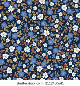 Seamless vintage pattern. White and blue flowers, golden leaves. Dark blue background. vector texture. fashionable print for textiles, wallpaper and packaging.