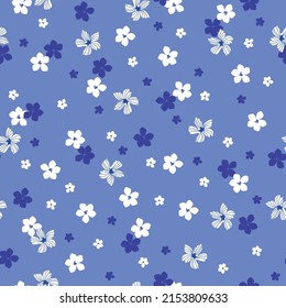 Patrón vintage sin foco. flores blancas y azules. Fondo azul. textura vectorial. impresión de moda para textiles, papel pintado y embalaje.