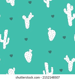 Seamless vintage pattern. White cacti, green hearts. Turquoise background. vector texture. fashionable print for textiles, wallpaper and packaging.