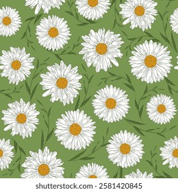 Seamless vintage pattern. White daisy flowers and green leaves on a green background. Vector illustration. Trendy print for textiles and wallpapers.