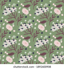 Nahtlose Vintage-Muster mit weißer Doodle-Blumen-Ornament auf grünem hellen Hintergrund. Flacher Vektordruck für Textilien, Gewebe, Geschenkpapier, Wallpaper. Endlose Illustration.