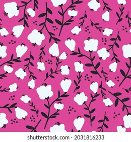 Nahtloses Vintage-Muster. weiße Blumenknospen, schwarze Blätter auf hellrosa Hintergrund. Vektorstruktur. Trenddruck für Textilien und Tapeten.