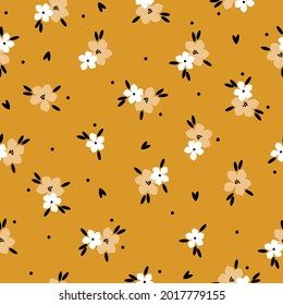 Seamless vintage pattern. white flowers, black leaves on a mustard background. vector texture. trend print for textiles.