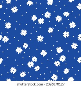 Seamless vintage pattern . white flowers and dots on a blue background. vector texture. trend print for textiles and wallpaper.
