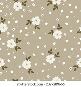Nahtloses Vintage-Muster. weiße Blumen und grüne Blätter auf beigem Hintergrund. Vektorstruktur. Eine elegante Vorlage für modische Drucke.
