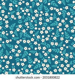 Patrón vintage sin foco. flores blancas, hojas azules sobre un fondo azul oscuro. textura vectorial. impresión de tendencia para textiles y papel pintado.