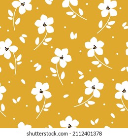 Seamless vintage pattern. White flowers and leaves. Yellow background. vector texture. fashionable print for textiles, wallpaper and packaging.