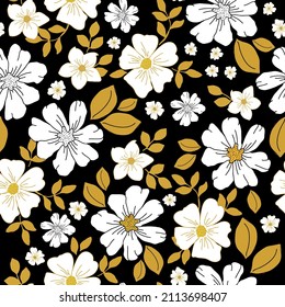 Seamless vintage pattern. White flowers, gold leaves. Black  background. vector texture. fashionable print for textiles, wallpaper and packaging.