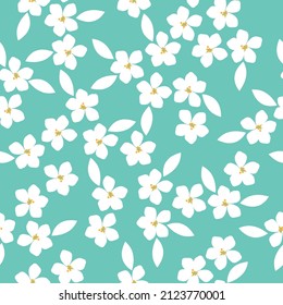 Seamless vintage pattern. White flowers and leaves. Bright blue background. vector texture. fashionable print for textiles, wallpaper and packaging.