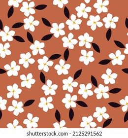 Seamless vintage pattern. White flowers , black leaves . Terracotta background. vector texture. fashionable print for textiles, wallpaper and packaging.
