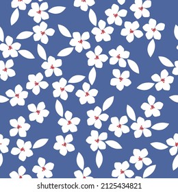 Nahtloses Vintage-Muster. Weiße Blumen und Blätter. Blauer Hintergrund. Vektorstruktur. modischer Druck für Textilien, Tapeten und Verpackungen.
