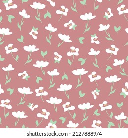 Seamless vintage pattern. White flowers, light green leaves. Pink background. vector texture. fashionable print for textiles, wallpaper and packaging.