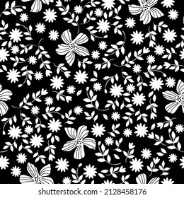 Seamless vintage pattern. White flowers and leaves. Black background. vector texture. fashionable print for textiles, wallpaper and packaging.