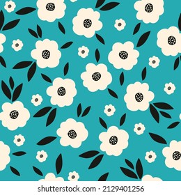 
Patrón vintage sin foco. Flores blancas, hojas negras. Fondo azul brillante. textura vectorial. impresión de moda para textiles, papel pintado y embalaje.