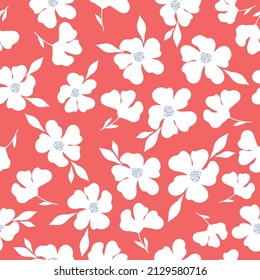 Seamless vintage pattern. White flowers and leaves. Red background. vector texture. fashionable print for textiles, wallpaper and packaging.