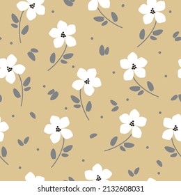 Nahtloses Vintage-Muster. Weiße Blumen, graue Blätter und Punkte. Beiger Hintergrund. Vektorstruktur. modischer Druck für Textilien, Tapeten und Verpackungen.