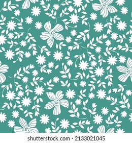 Patrón vintage sin foco. Flores y hojas blancas. Fondo turquesa. textura vectorial. impresión de moda para textiles, papel pintado y embalaje.