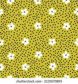 Seamless vintage pattern. White flowers, black dots. Yellow background. vector texture. fashionable print for textiles, wallpaper and packaging.