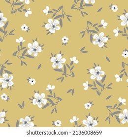 
Nahtloses Vintage-Muster. Weiße Blumen, graue Blätter. Senfhintergrund. Vektorstruktur. modischer Druck für Textilien, Tapeten und Verpackungen.