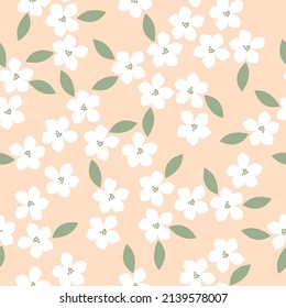 Nahtloses Vintage-Muster. weiße Blumen, grüne Blätter. hellbeiger Hintergrund. Vektorstruktur. modischer Druck für Textilien, Tapeten und Verpackungen.
