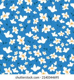 Seamless vintage pattern. White flowers, blue leaves. bright blue background. vector texture. fashionable print for textiles, wallpaper and packaging.