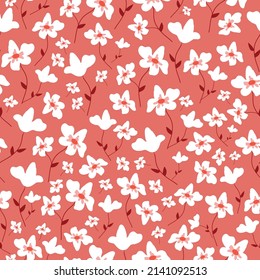 Seamless vintage pattern. White flowers, red leaves. coral background. vector texture. fashionable print for textiles, wallpaper and packaging.