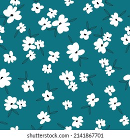 Seamless vintage pattern. white flowers, black leaves. turquoise background. vector texture. fashionable print for textiles, wallpaper and packaging.