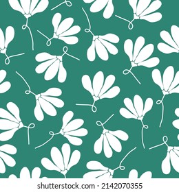 Patrón vintage sin foco. flores blancas. fondo verde. textura vectorial. impresión de moda para textiles, papel pintado y embalaje.