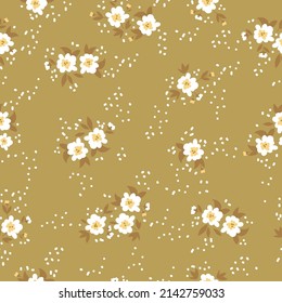 Seamless vintage pattern. White flowers and dots, mustard  leaves. mustard background. vector texture. fashionable print for textiles, wallpaper and packaging.