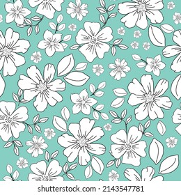 Seamless vintage pattern. White flowers and leaves . Light turquoise pink background. vector texture. fashionable print for textiles, wallpaper and packaging.