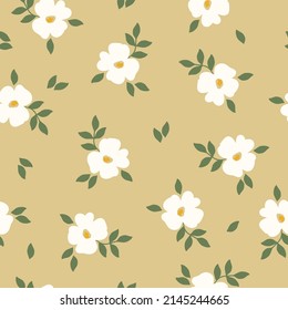 Seamless vintage pattern. White flowers, green leaves. Beige background. vector texture. fashionable print for textiles, wallpaper and packaging.