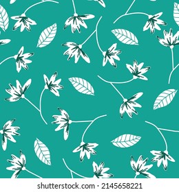 Seamless vintage pattern. White flowers and leaves. Turquoise background. vector texture. fashionable print for textiles, wallpaper and packaging.