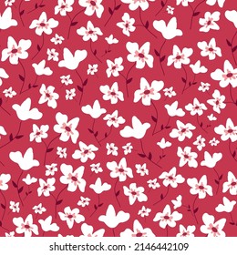 Patrón vintage sin foco. Flores blancas, hojas de borgoña. Fondo rojo. textura vectorial. impresión de moda para textiles, papel pintado y embalaje.