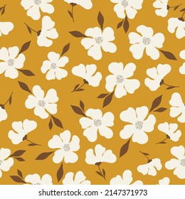 Seamless vintage pattern. White flowers, brown leaves. Yellow background. vector texture. fashionable print for textiles, wallpaper and packaging.