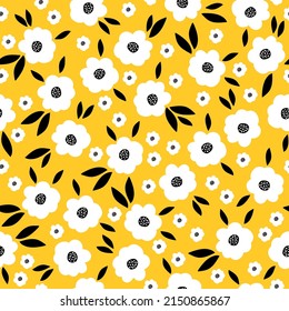 Seamless vintage pattern. White flowers, black leaves and dots. Yellow background. vector texture. fashionable print for textiles, wallpaper and packaging.