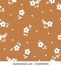 Seamless vintage pattern. White flowers and leaves. Terracotta background. vector texture. fashionable print for textiles, wallpaper and packaging.