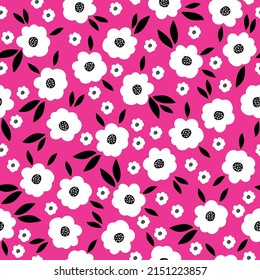 Seamless vintage pattern. White flowers, black leaves. Fuchsia pink background. vector texture. fashionable print for textiles, wallpaper and packaging.