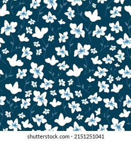 Seamless vintage pattern. White flowers, blue leaves. Dark blue background. vector texture. fashionable print for textiles, wallpaper and packaging.